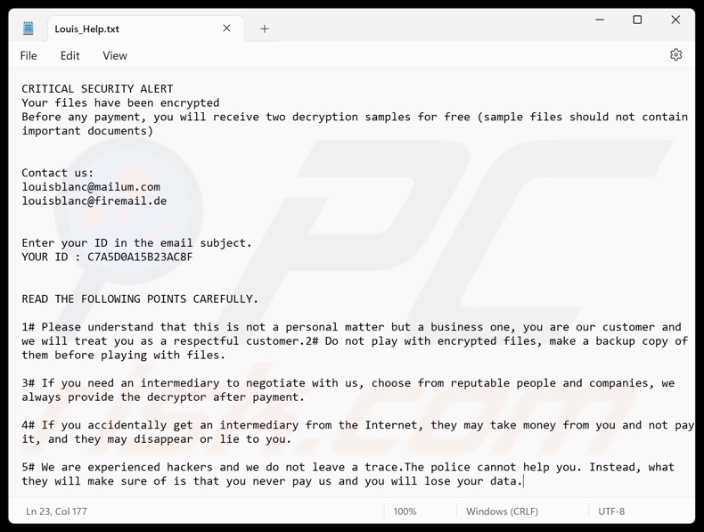 Louis ransomware nota de resgate (Louis_Help.txt)