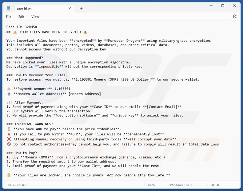 Moroccan Dragon ransomware nota de resgate (case_id.txt)