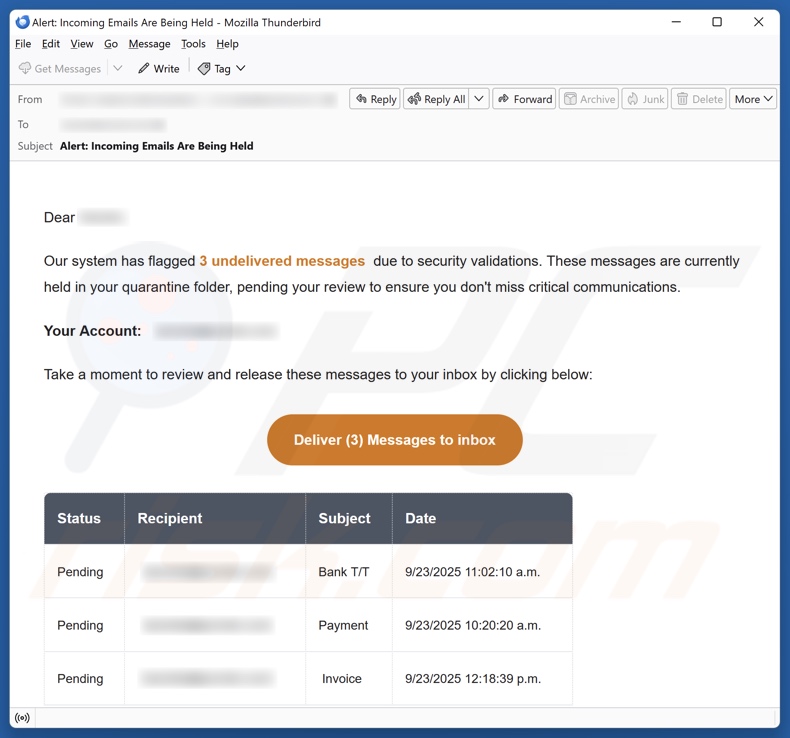 O sistema sinalizou mensagens devido a violações de segurança campanha de spam por e-mail