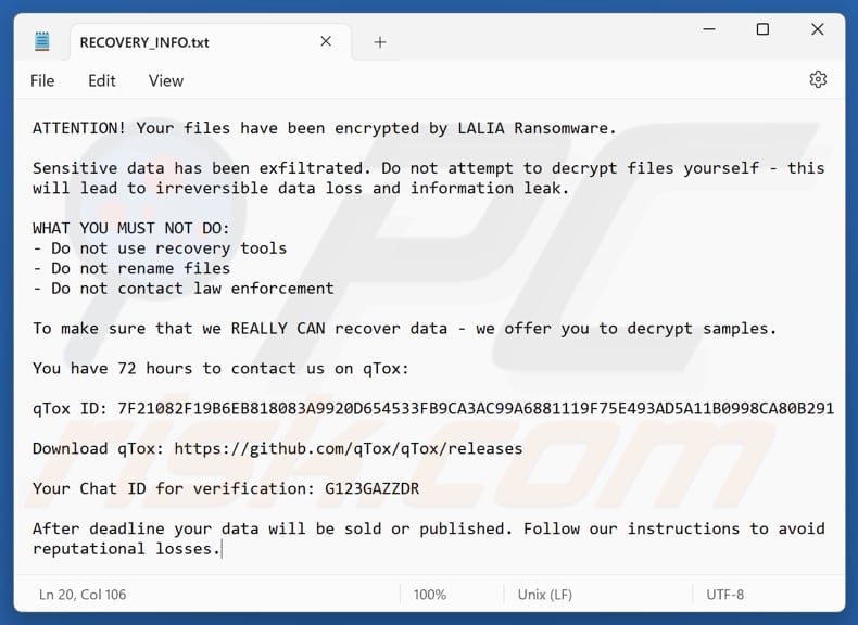 Ficheiro de texto do ransomware Lalia (RECOVERY_INFO.txt)