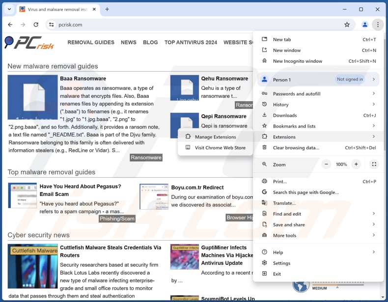 Remover extensões fraudulentas do Google Chrome passo 1