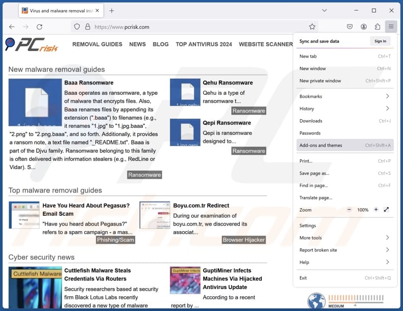 Remover extensões fraudulentas do Mozilla Firefox passo 1