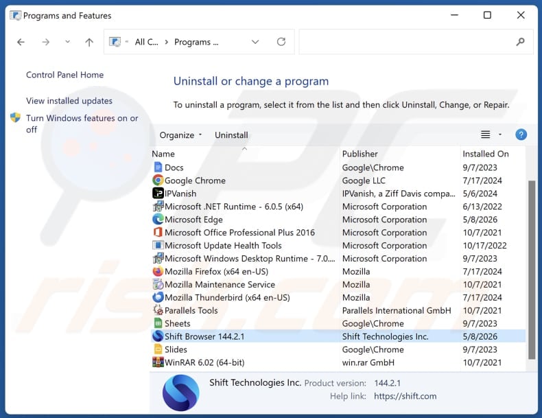 Desinstalar Shift através do Painel de Controlo