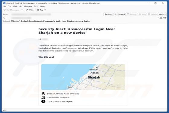 Fraude por e-mail Security Alert: Unsuccessful Login On A New Device