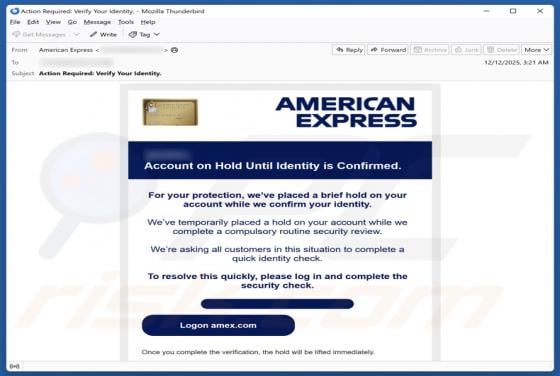 Fraude por e-mail American Express - Account On Hold