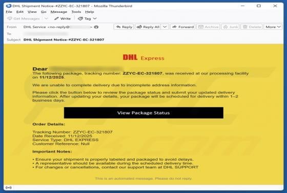 Fraude por e-mail DHL Express - Incomplete Address Information