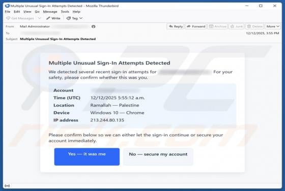 Fraude por e-mail Multiple Unusual Sign-In Attempts Detected