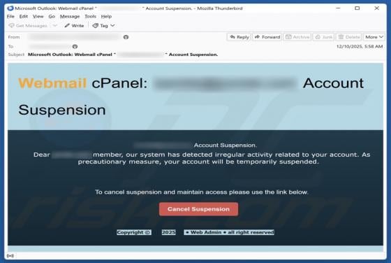 Fraude por e-mail cPanel Account Suspension