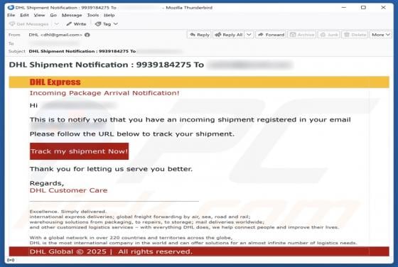 Fraude por e-mail DHL Express - Incoming Package Arrival Notification