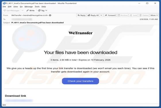 Fraude por e-mail WeTransfer - Your Files Have Been Downloaded