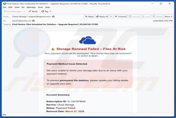 Fraude por e-mail Cloud Storage Renewal Failed