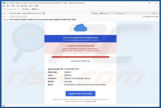 Your Cloud Account Suspended golpe de e-mail
