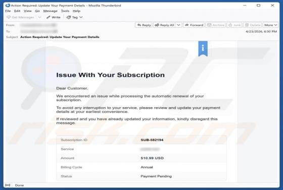 Wix Subscription Renewal golpe de e-mail