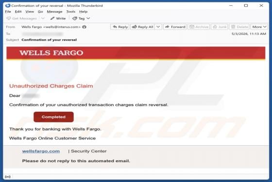 Wells Fargo - Unauthorized Charges golpe de e-mail