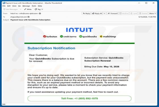 Intuit QuickBooks Subscription Is Due For Renewal golpe de e-mail