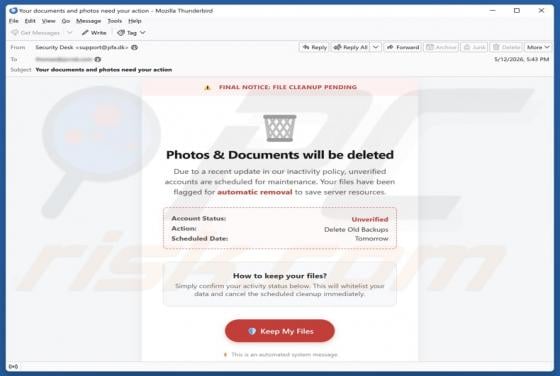 Photos & Documents Will Be Deleted golpe de e-mail