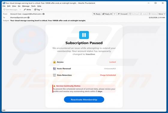 Cloud Subscription Paused golpe de e-mail