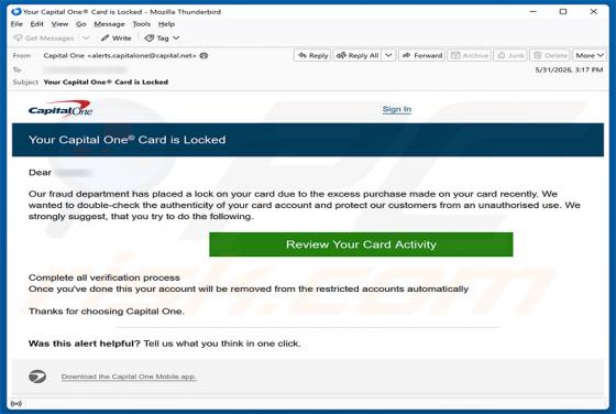 Capital One Card Is Locked golpe de e-mail