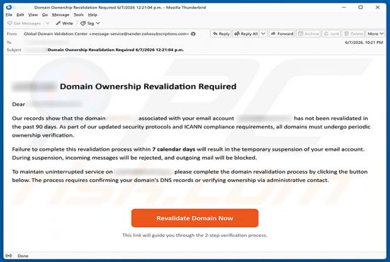 Domain Ownership Revalidation Required golpe de e-mail
