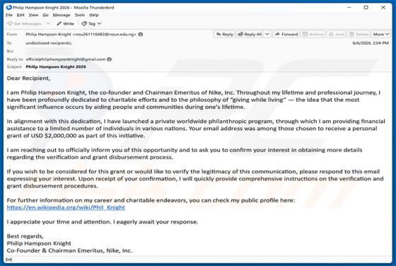 Private Worldwide Philanthropic Program golpe de e-mail