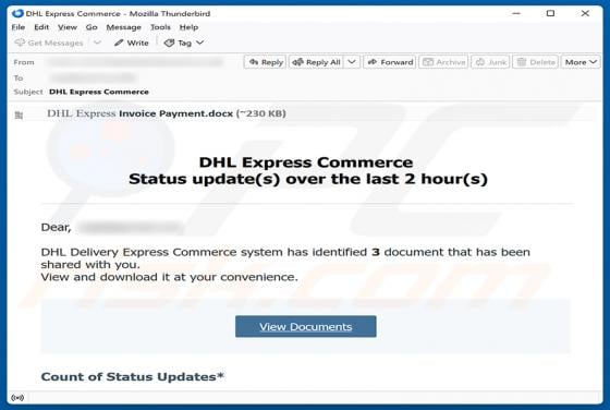 DHL Express Commerce Status Update golpe de e-mail