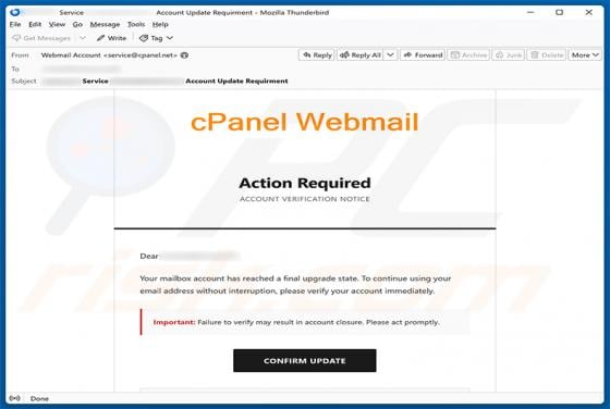 cPanel Final Account Upgrade State golpe de e-mail