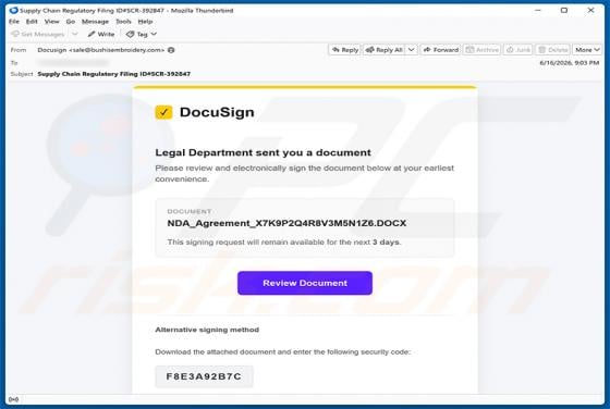 DocuSign - Legal Department Document vírus de e-mail