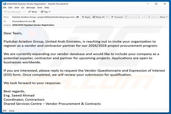 Flydubai Vendor Registration golpe de e-mail