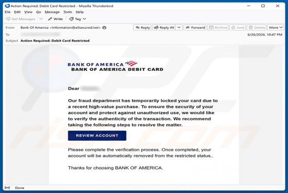 Bank Of America Card Locked golpe de e-mail