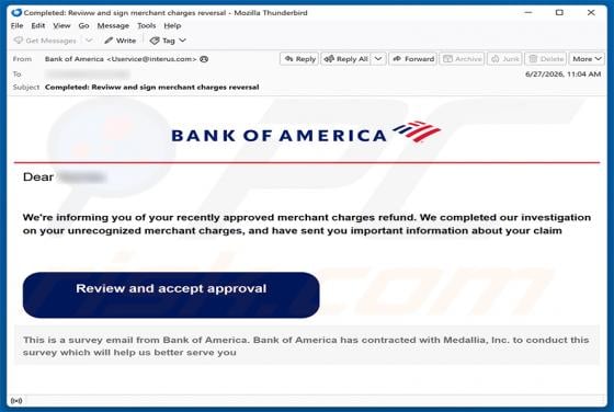 Bank Of America - Merchant Charges Refund golpe de e-mail