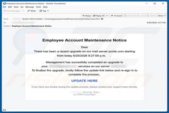 Employee Account Maintenance Notice golpe de e-mail