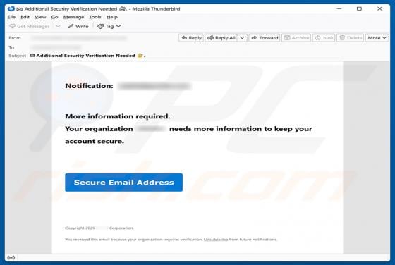 Organization Needs Information To Keep Account Secure golpe de e-mail