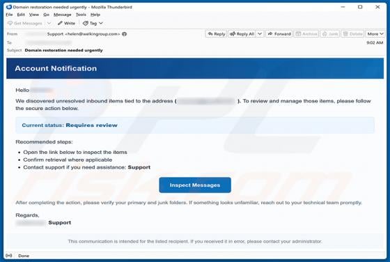 Unresolved Inbound Items golpe de e-mail