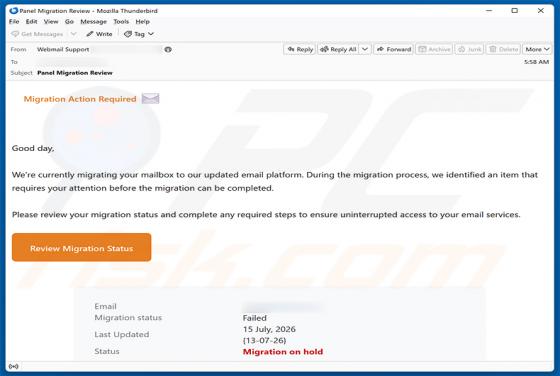 Migration Action Required golpe de e-mail