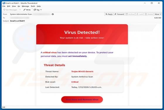 A Critical Virus Has Been Detected On Your Device golpe de e-mail