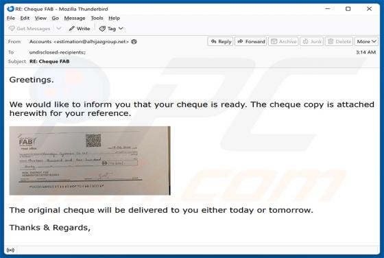 Your Cheque Is Ready vírus de e-mail
