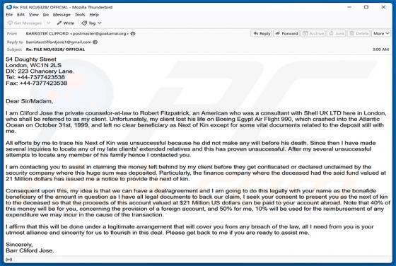 Assistance In Claiming The Money golpe de e-mail