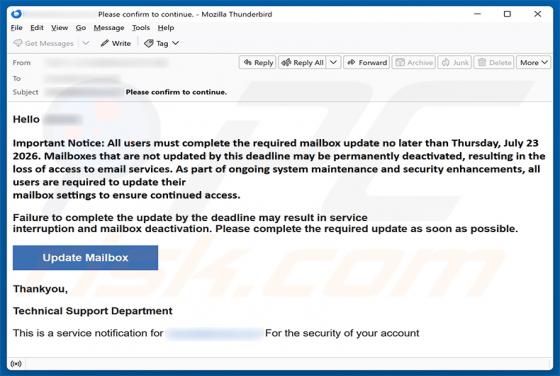 Complete The Required Mailbox Update golpe de e-mail