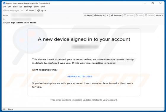 New Device Signed In To Your Account golpe de e-mail