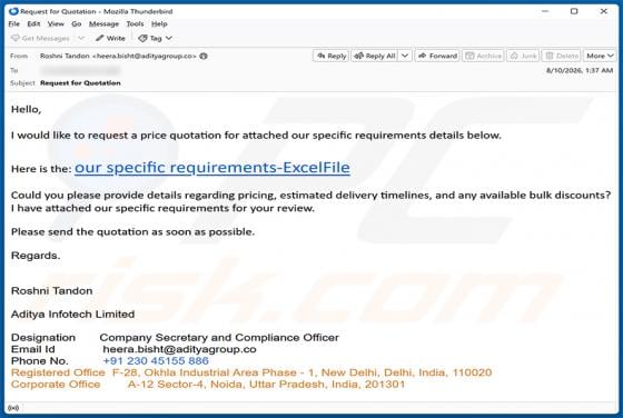 Price Quotation Request golpe de e-mail