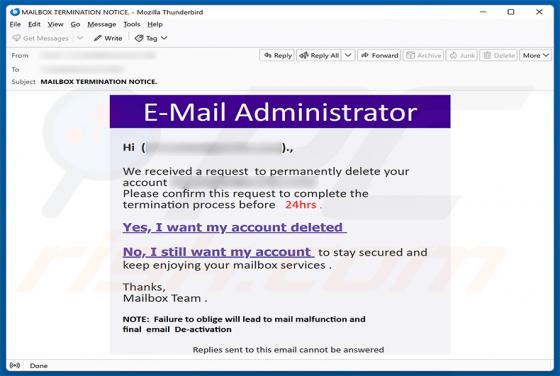 Request To Permanently Delete Your Account golpe de e-mail
