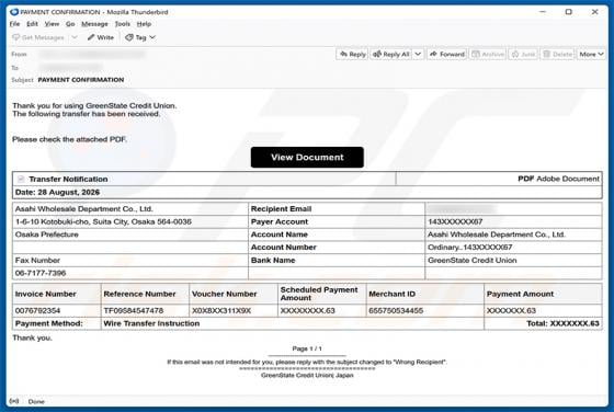 GreenState Credit Union Transfer Received golpe de e-mail