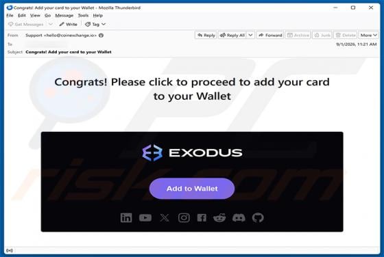 Exodus - Add Your Card To Your Wallet golpe de e-mail