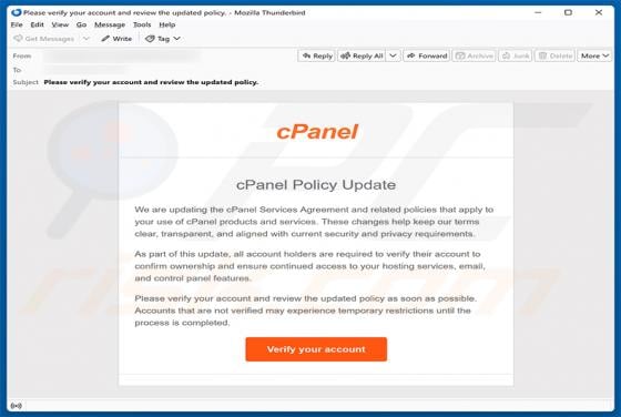 cPanel Policy Update golpe de e-mail